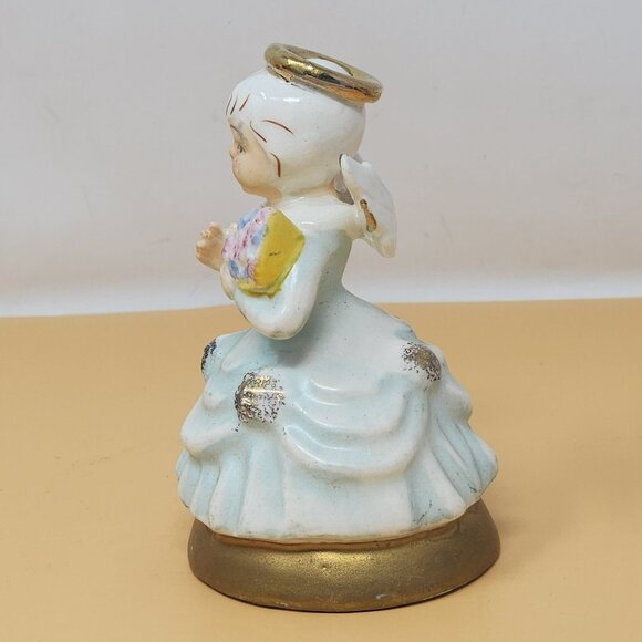 Vintage Ceramic Angel Figurine With Gold Accents Holding Flower Japan MCM - Picture 2 of 10